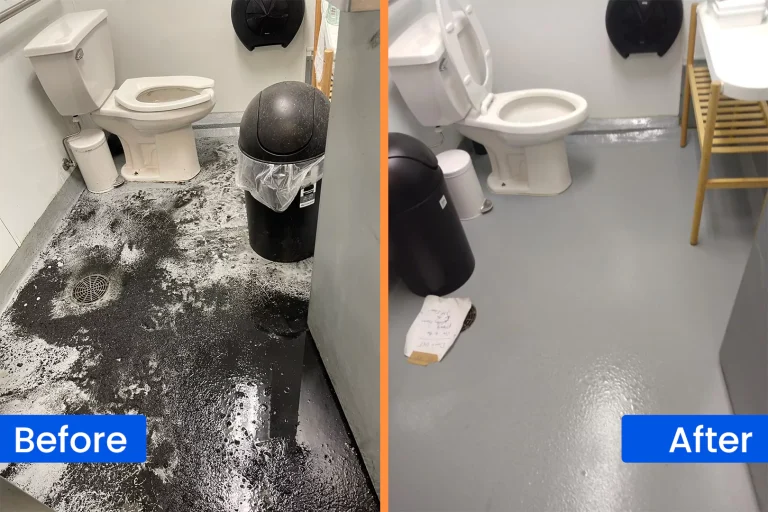 Comparative clean-up results of a restroom showing before and after images.