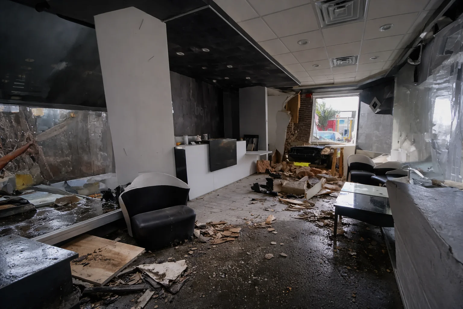 Interior of a damaged commercial space after disaster.