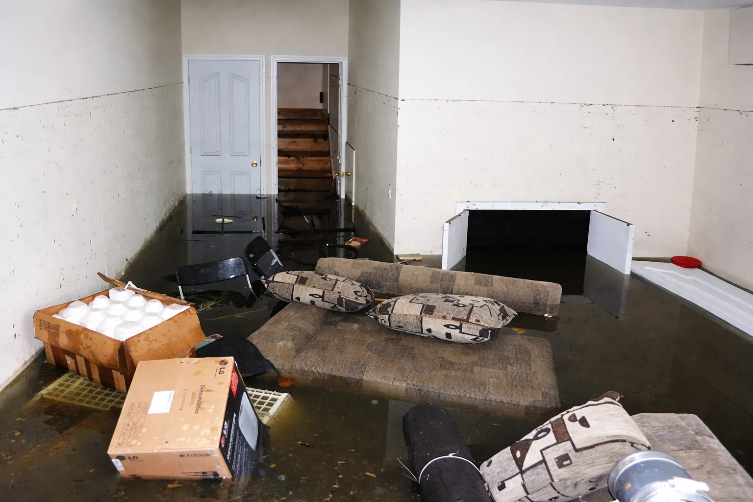 Flooded interior space with furniture and debris.