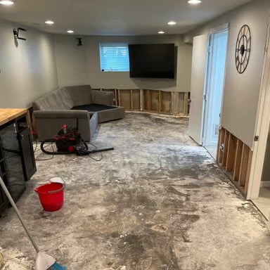 Incomplete basement renovation with a sofa and exposed walls
